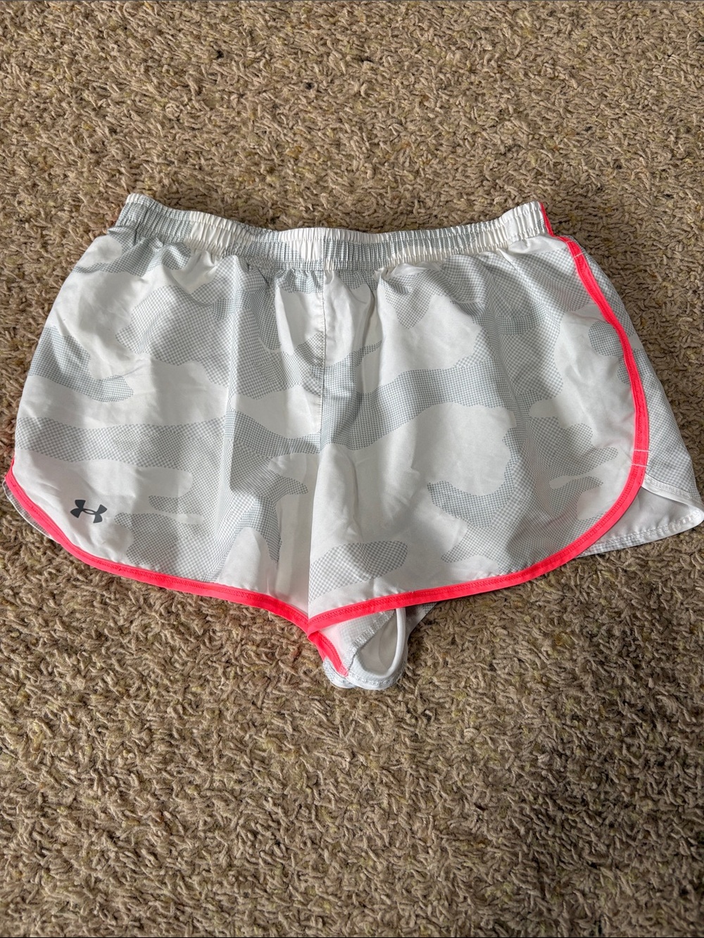 Under Armour Women’s White Camo Athletic Shorts with Neon Pink Trim